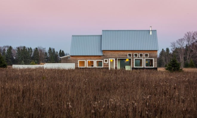 House for Beth by Salmela Architect, Door County contemporary house, house with IKEA furnishings, Wisconsin contemporary architecture, barn-inspired architecture, standing seam metal roof,
