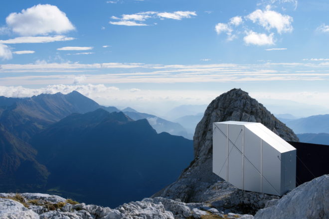 Kanin Winter Cabin by OFIS Arhitekti, prefab alpine cabin, Mount Kanin cabin, compact mountaineering cabin, cantilevered alpine cabin, alpine cabin in Slovenia,