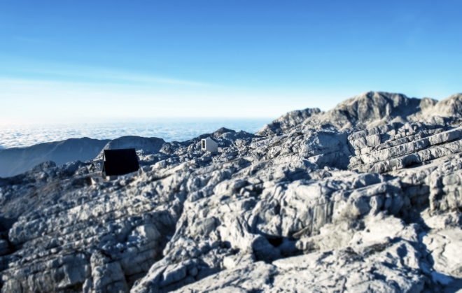 Kanin Winter Cabin by OFIS Arhitekti, prefab alpine cabin, Mount Kanin cabin, compact mountaineering cabin, cantilevered alpine cabin, alpine cabin in Slovenia,