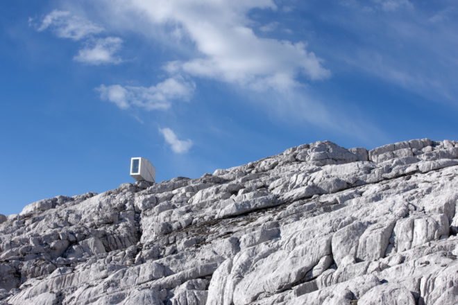 Kanin Winter Cabin by OFIS Arhitekti, prefab alpine cabin, Mount Kanin cabin, compact mountaineering cabin, cantilevered alpine cabin, alpine cabin in Slovenia,
