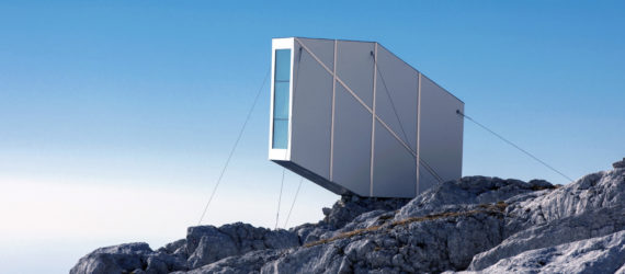Kanin Winter Cabin by OFIS Arhitekti, prefab alpine cabin, Mount Kanin cabin, compact mountaineering cabin, cantilevered alpine cabin, alpine cabin in Slovenia,