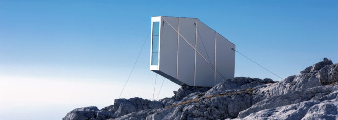Kanin Winter Cabin by OFIS Arhitekti, prefab alpine cabin, Mount Kanin cabin, compact mountaineering cabin, cantilevered alpine cabin, alpine cabin in Slovenia,