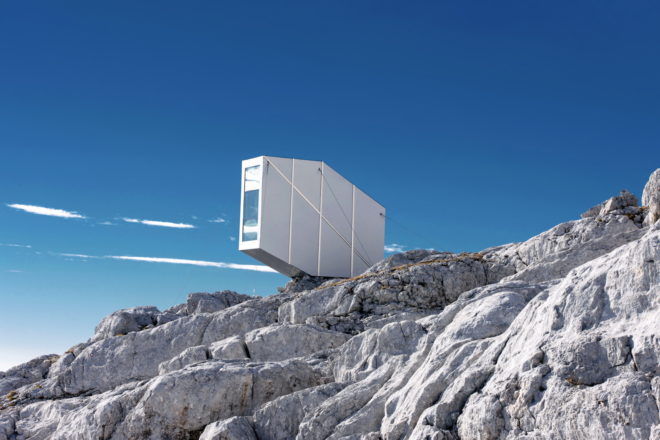 Kanin Winter Cabin by OFIS Arhitekti, prefab alpine cabin, Mount Kanin cabin, compact mountaineering cabin, cantilevered alpine cabin, alpine cabin in Slovenia,