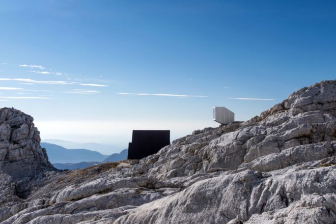 Kanin Winter Cabin by OFIS Arhitekti, prefab alpine cabin, Mount Kanin cabin, compact mountaineering cabin, cantilevered alpine cabin, alpine cabin in Slovenia,