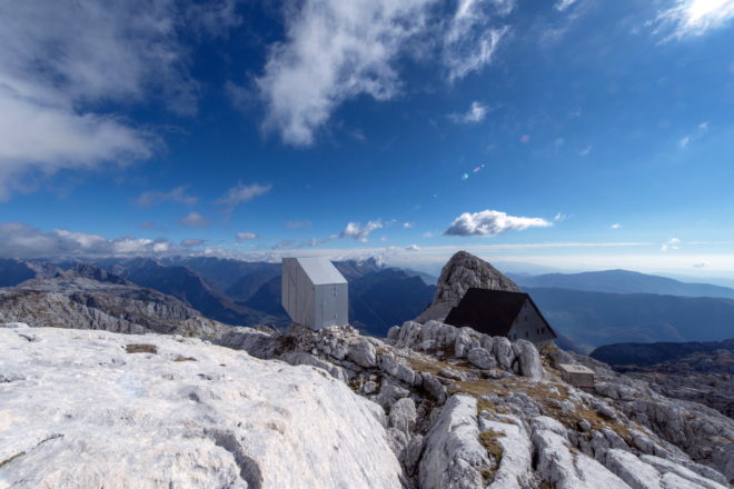 Kanin Winter Cabin by OFIS Arhitekti, prefab alpine cabin, Mount Kanin cabin, compact mountaineering cabin, cantilevered alpine cabin, alpine cabin in Slovenia,