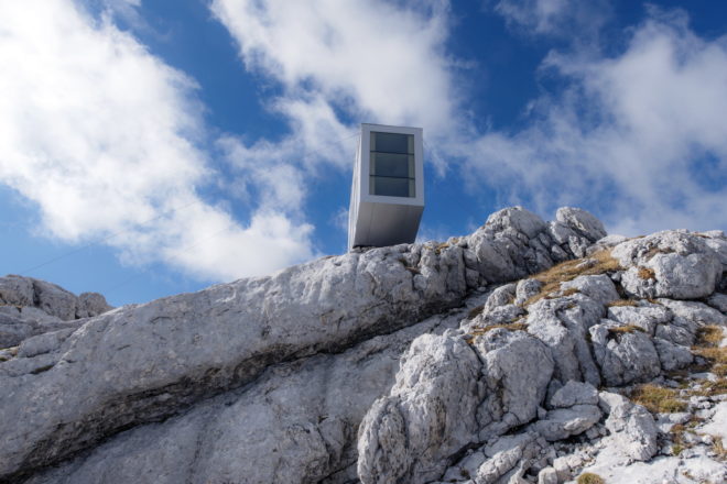 Kanin Winter Cabin by OFIS Arhitekti, prefab alpine cabin, Mount Kanin cabin, compact mountaineering cabin, cantilevered alpine cabin, alpine cabin in Slovenia,