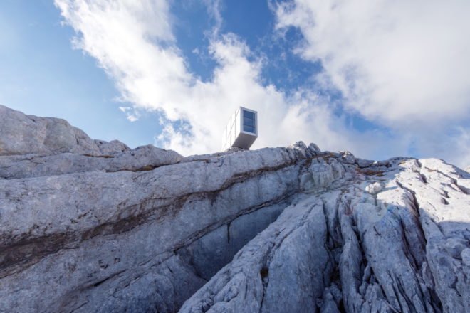 Kanin Winter Cabin by OFIS Arhitekti, prefab alpine cabin, Mount Kanin cabin, compact mountaineering cabin, cantilevered alpine cabin, alpine cabin in Slovenia,
