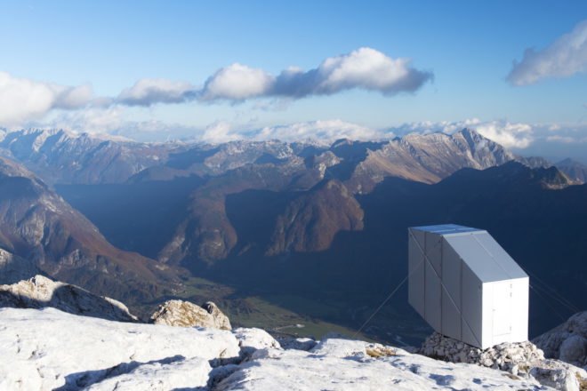 Kanin Winter Cabin by OFIS Arhitekti, prefab alpine cabin, Mount Kanin cabin, compact mountaineering cabin, cantilevered alpine cabin, alpine cabin in Slovenia,
