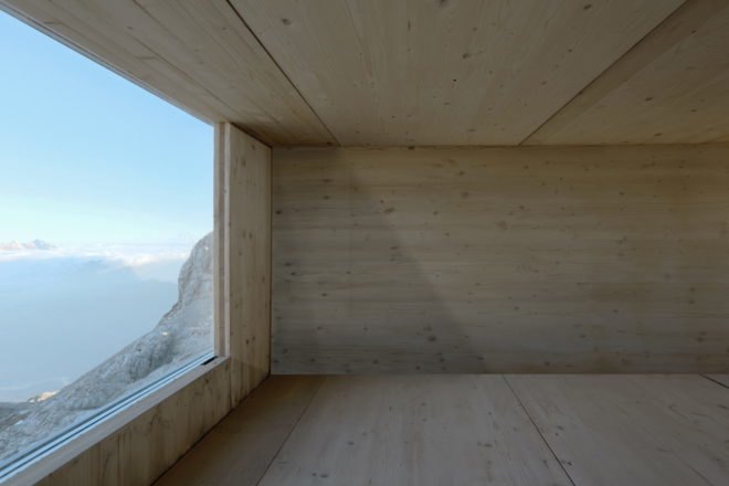 Kanin Winter Cabin by OFIS Arhitekti, prefab alpine cabin, Mount Kanin cabin, compact mountaineering cabin, cantilevered alpine cabin, alpine cabin in Slovenia,