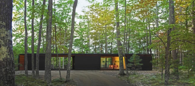 Linear Cabin by Johnsen Schmaling Architects, Wisconsin cabin architecture, contemporary cabin, St. Germain cabin, blackened pine cabin, knotty pine cabin interior