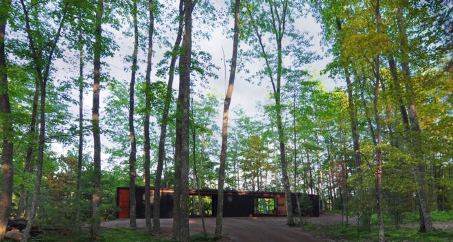 Linear Cabin by Johnsen Schmaling Architects, Wisconsin cabin architecture, contemporary cabin, St. Germain cabin, blackened pine cabin, knotty pine cabin interior