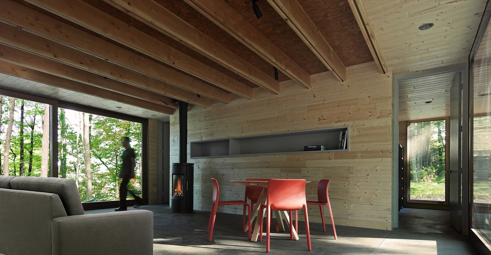 Linear Cabin by Johnsen Schmaling Architects, Wisconsin cabin architecture, contemporary cabin, St. Germain cabin, blackened pine cabin, knotty pine cabin interior