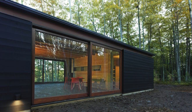 Linear Cabin by Johnsen Schmaling Architects, Wisconsin cabin architecture, contemporary cabin, St. Germain cabin, blackened pine cabin, knotty pine cabin interior