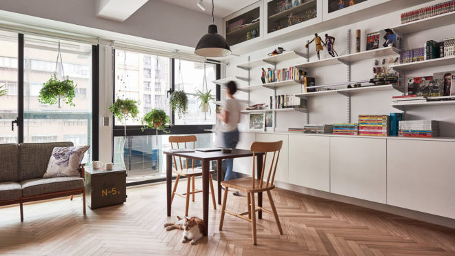 ST Studio, green renovation, Taipei, loft, industrial loft, open shelving, natural light, parquet, green interior