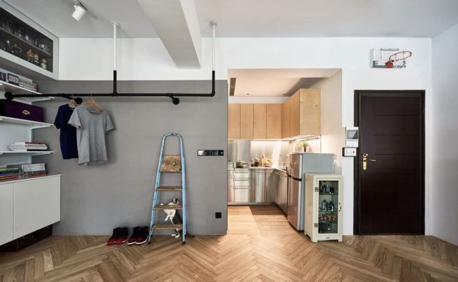 ST Studio, green renovation, Taipei, loft, industrial loft, open shelving, natural light, parquet, green interior