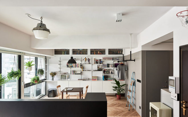 ST Studio, green renovation, Taipei, loft, industrial loft, open shelving, natural light, parquet, green interior