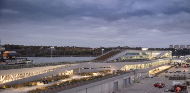 C.F. Møller, ferry terminal, Stockholm, waterfront architecture, urban park, Finland, geothermal energy, solar energy, solar power, self-sufficient building