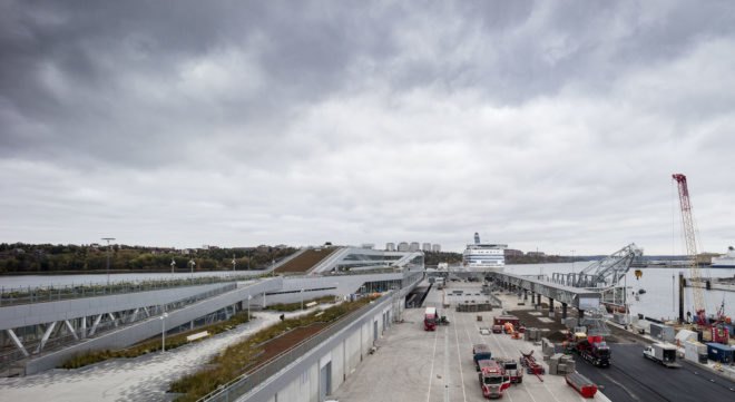 C.F. Møller, ferry terminal, Stockholm, waterfront architecture, urban park, Finland, geothermal energy, solar energy, solar power, self-sufficient building