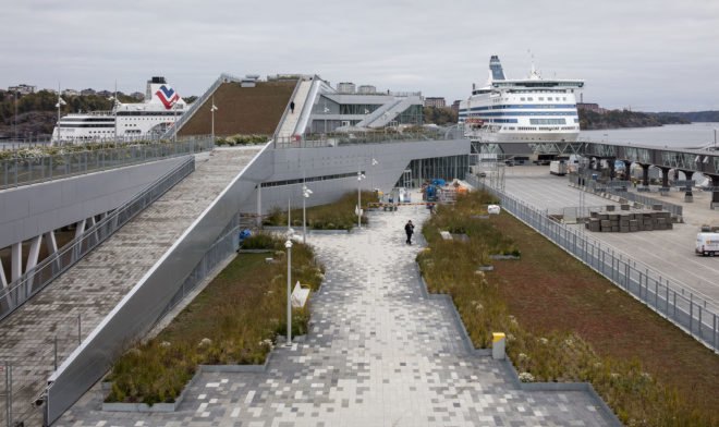 C.F. Møller, ferry terminal, Stockholm, waterfront architecture, urban park, Finland, geothermal energy, solar energy, solar power, self-sufficient building