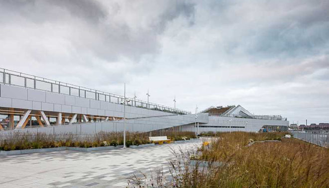 C.F. Møller, ferry terminal, Stockholm, waterfront architecture, urban park, Finland, geothermal energy, solar energy, solar power, self-sufficient building