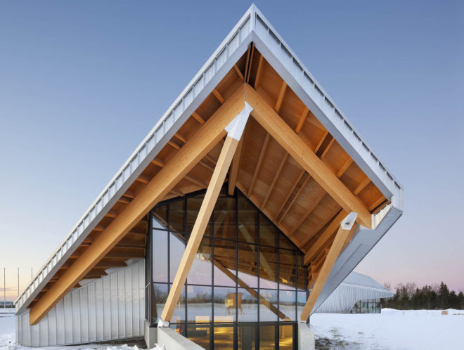 Philip J. Currie Dinosaur Museum by Teeple Architects, dinosaur museum in Alberta, dinosaur museum in Canada, beetle kill pine architecture, beetle kill pine museum, CNC milled beetle kill pine, sustainable dinosaur museum, dinosaur museum in Wembley,