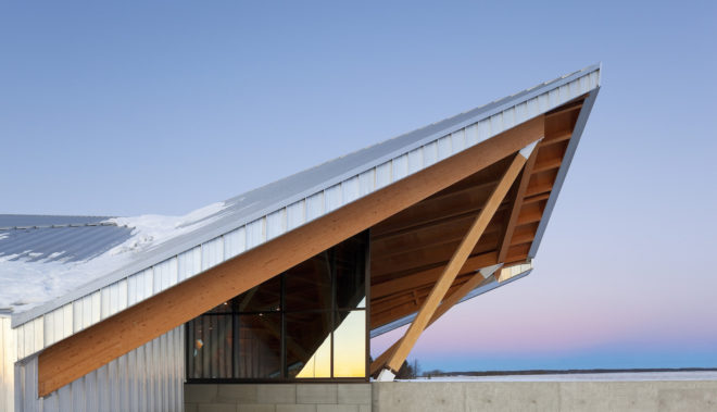 Philip J. Currie Dinosaur Museum by Teeple Architects, dinosaur museum in Alberta, dinosaur museum in Canada, beetle kill pine architecture, beetle kill pine museum, CNC milled beetle kill pine, sustainable dinosaur museum, dinosaur museum in Wembley,