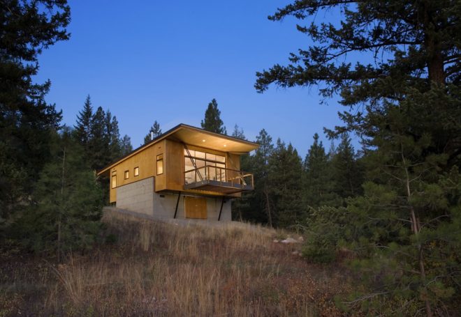 Pine Forest Cabin by Prentiss Balance Wickline Architects, cabin in Methow Valley, affordable modern cabin design, cabin design on a budget, cabin with a small footprint, cantilevered cabin design