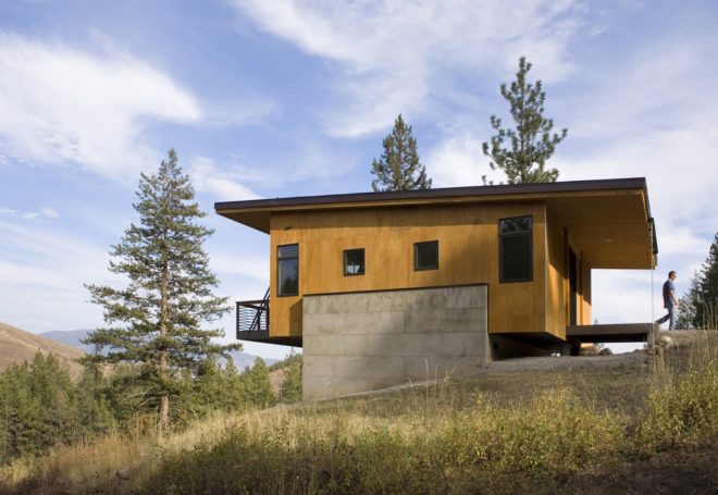 Pine Forest Cabin by Prentiss Balance Wickline Architects, cabin in Methow Valley, affordable modern cabin design, cabin design on a budget, cabin with a small footprint, cantilevered cabin design