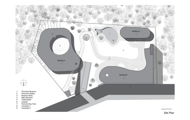 Pino Familia, Pinocchio, museum, Seoul, Moon Hoon, fairytale museum, green architecture, exhibition spaces, auditorium, inner courtyard