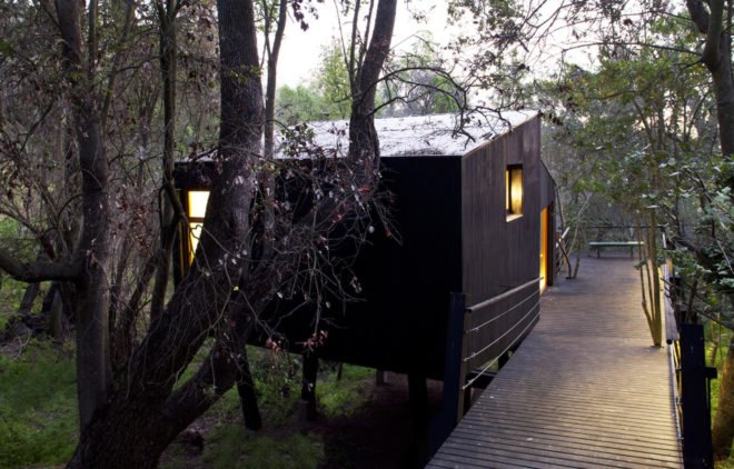 Casa Quebrada by UNarquitectura, tiny house in Curacaví, treehouse in Curacaví, house on stilts in Curacaví, Casa Quebrada in Curacaví, pine wood clad tiny house, elevated tiny house on stilts