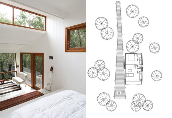 Casa Quebrada by UNarquitectura, tiny house in Curacaví, treehouse in Curacaví, house on stilts in Curacaví, Casa Quebrada in Curacaví, pine wood clad tiny house, elevated tiny house on stilts