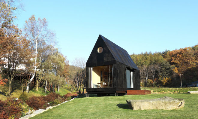 Tiny House of Slow Town, 2018 Olympic Winter Games, The Plus Partners, DNC Architects, tiny house, South Korea, Olympics, eco-friendly materials, staircase, green architecture
