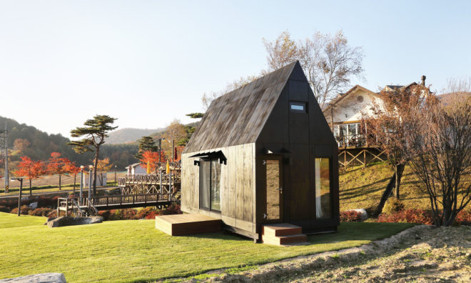 Tiny House of Slow Town, 2018 Olympic Winter Games, The Plus Partners, DNC Architects, tiny house, South Korea, Olympics, eco-friendly materials, staircase, green architecture