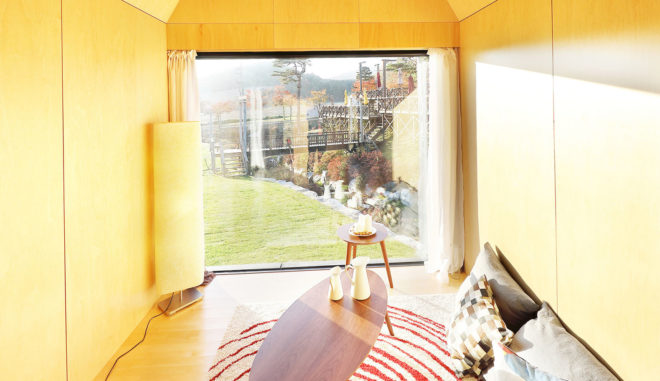 Tiny House of Slow Town, 2018 Olympic Winter Games, The Plus Partners, DNC Architects, tiny house, South Korea, Olympics, eco-friendly materials, staircase, green architecture
