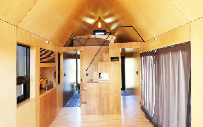 Tiny House of Slow Town, 2018 Olympic Winter Games, The Plus Partners, DNC Architects, tiny house, South Korea, Olympics, eco-friendly materials, staircase, green architecture