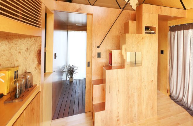 Tiny House of Slow Town, 2018 Olympic Winter Games, The Plus Partners, DNC Architects, tiny house, South Korea, Olympics, eco-friendly materials, staircase, green architecture