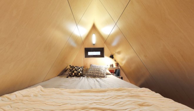 Tiny House of Slow Town, 2018 Olympic Winter Games, The Plus Partners, DNC Architects, tiny house, South Korea, Olympics, eco-friendly materials, staircase, green architecture