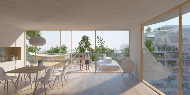 Sluishuis, Sluishuis by BIG and Barcode Architects, BIG, Bjarke Ingels, Bjarke Ingels Group, Barcode Architects, sustainable building, green building, mixed-use, mixed-use building, zero energy, zero energy homes, zero energy apartments, houseboats, living on the water, water, IJ Lake, Amsterdam