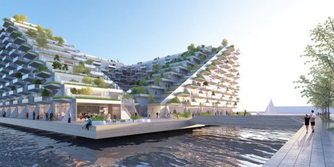 Sluishuis, Sluishuis by BIG and Barcode Architects, BIG, Bjarke Ingels, Bjarke Ingels Group, Barcode Architects, sustainable building, green building, mixed-use, mixed-use building, zero energy, zero energy homes, zero energy apartments, houseboats, living on the water, water, IJ Lake, Amsterdam