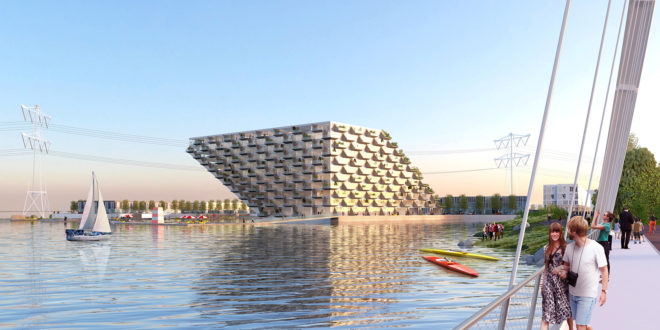 Sluishuis, Sluishuis by BIG and Barcode Architects, BIG, Bjarke Ingels, Bjarke Ingels Group, Barcode Architects, sustainable building, green building, mixed-use, mixed-use building, zero energy, zero energy homes, zero energy apartments, houseboats, living on the water, water, IJ Lake, Amsterdam