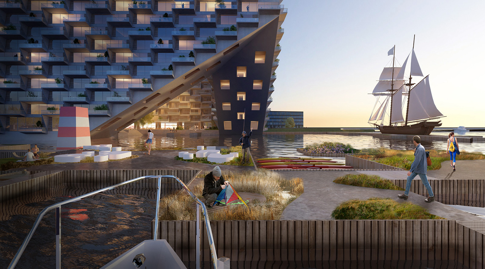 Sluishuis, Sluishuis by BIG and Barcode Architects, BIG, Bjarke Ingels, Bjarke Ingels Group, Barcode Architects, sustainable building, green building, mixed-use, mixed-use building, zero energy, zero energy homes, zero energy apartments, houseboats, living on the water, water, IJ Lake, Amsterdam