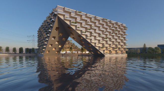 Sluishuis, Sluishuis by BIG and Barcode Architects, BIG, Bjarke Ingels, Bjarke Ingels Group, Barcode Architects, sustainable building, green building, mixed-use, mixed-use building, zero energy, zero energy homes, zero energy apartments, houseboats, living on the water, water, IJ Lake, Amsterdam