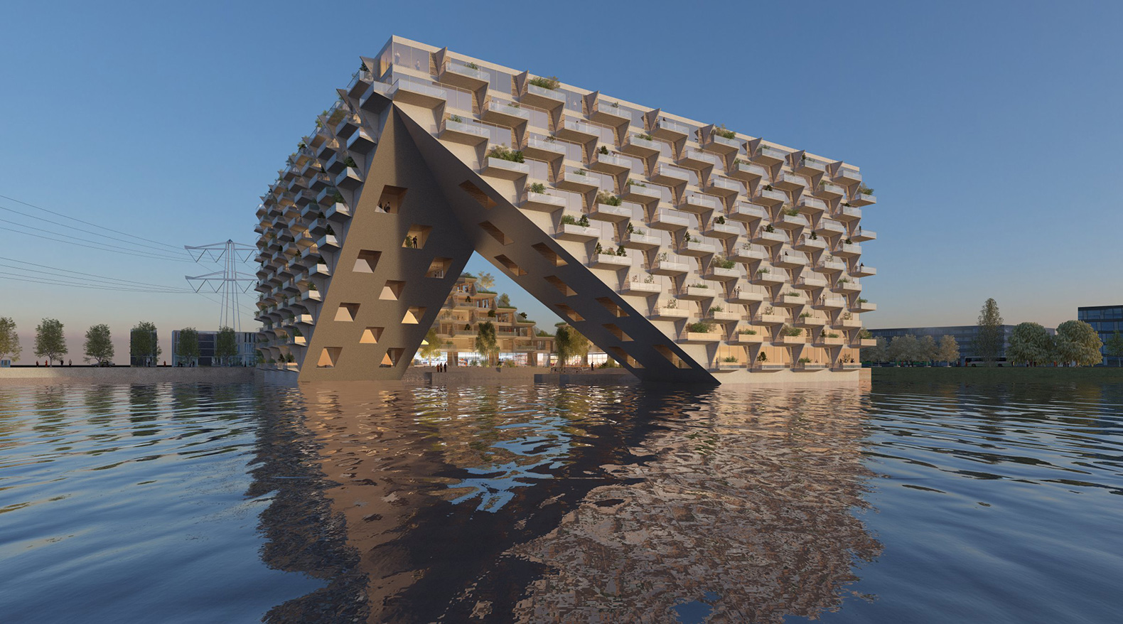 Sluishuis, Sluishuis by BIG and Barcode Architects, BIG, Bjarke Ingels, Bjarke Ingels Group, Barcode Architects, sustainable building, green building, mixed-use, mixed-use building, zero energy, zero energy homes, zero energy apartments, houseboats, living on the water, water, IJ Lake, Amsterdam