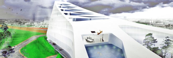 netherlands, eindhoven, the dutch mountains, Studio Marco Vermeulen, BLOC, mixed use, green space, swimming pool, hotel, hotel rooms, office space, conference venue, urban architecture