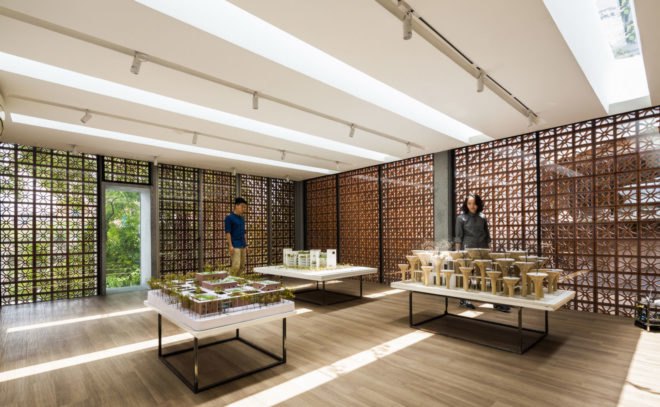 Lantern showroom, Hanoi, gallery space, perforated facade, terracotta, Vo Trong Nghia Architects, green architecture, natural ventilation, skylights, roof garden, green roof