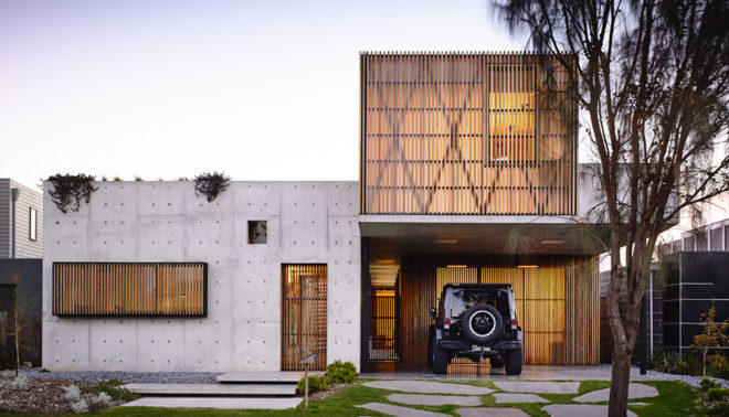 Torquay House, concrete, Victoria, courtyard, Australia, Auhaus Architecture, natural light, green roof, full-height glazing, timber, natural building materials