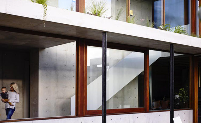 Torquay House, concrete, Victoria, courtyard, Australia, Auhaus Architecture, natural light, green roof, full-height glazing, timber, natural building materials