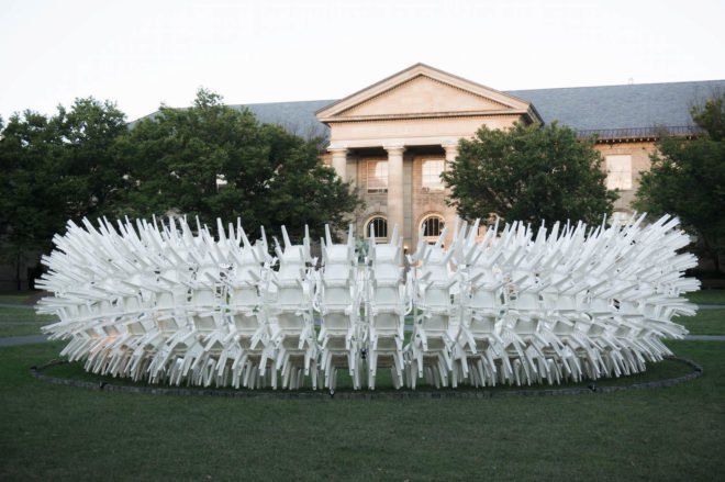 URCHIN pavilion by CODA, temporary arts pavilion, plastic chair pavilion, recyclable pavilion, Cornell Council for the Arts, Cornell Council for the Arts 2016 Biennial, Cornell University Arts Quad, plastic chair art