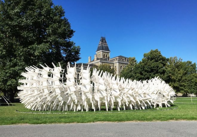 URCHIN pavilion by CODA, temporary arts pavilion, plastic chair pavilion, recyclable pavilion, Cornell Council for the Arts, Cornell Council for the Arts 2016 Biennial, Cornell University Arts Quad, plastic chair art