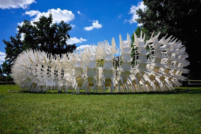 URCHIN pavilion by CODA, temporary arts pavilion, plastic chair pavilion, recyclable pavilion, Cornell Council for the Arts, Cornell Council for the Arts 2016 Biennial, Cornell University Arts Quad, plastic chair art